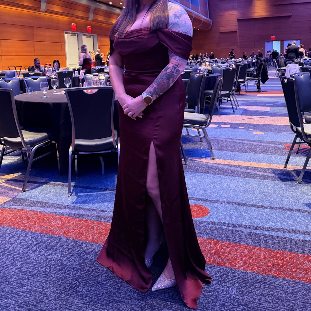 Azazie Strapless Burgundy Gown